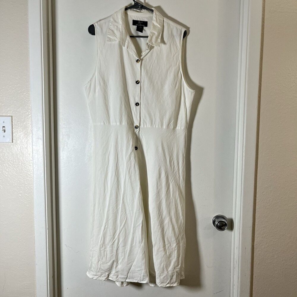 Lennie for Nina Leonard White Button Linen Blend Sleeveless Dress Size 14